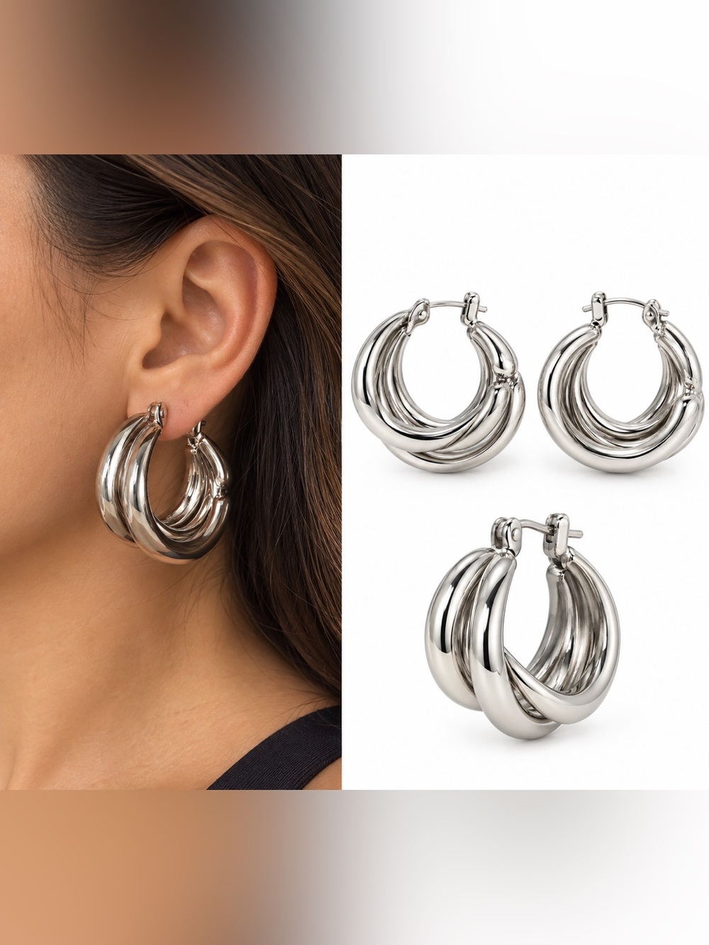 Windsor Polished Triple-Loop Hoop Earrings - Silver